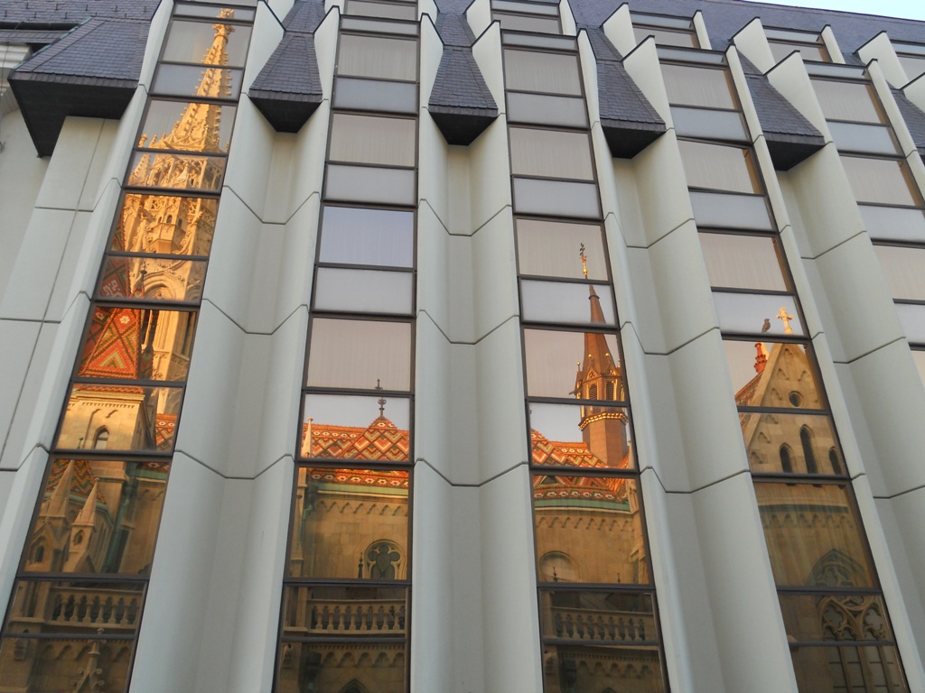 Mathias Church reflected on Hiton Hotel windows